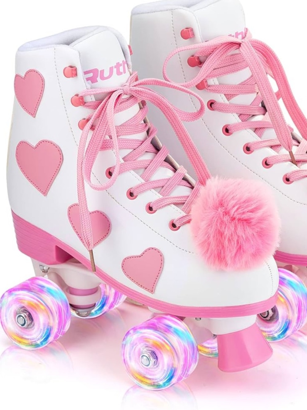 White & Pink Heart Roller Skates with Pom-Pom Accent Light Up